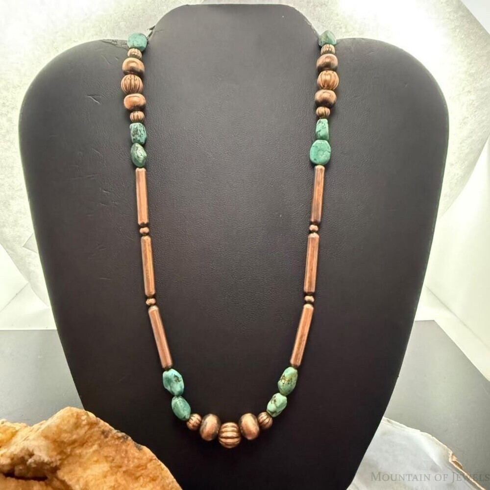 3-9.5mm Copper Navajo Pearl Round,Cylinder w/Carico Lake Turquoise 22" Necklace